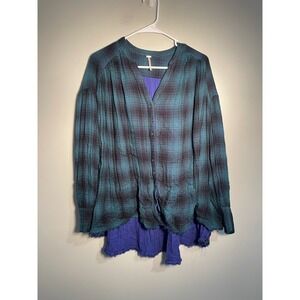 Free People Come On Over Top‎ Green Plaid Button Front Oversized Top Size XS